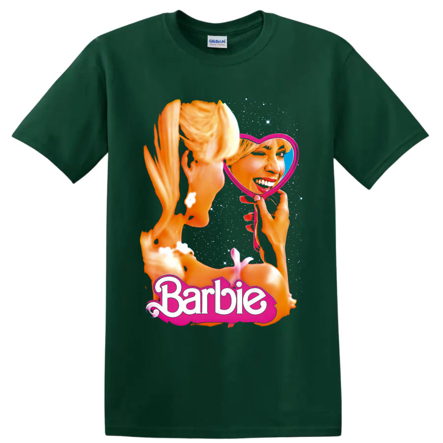 Barbie blonde portrait in pink heart mirror with sparkles and Barbie lettering on a Forest Green T Shirt
