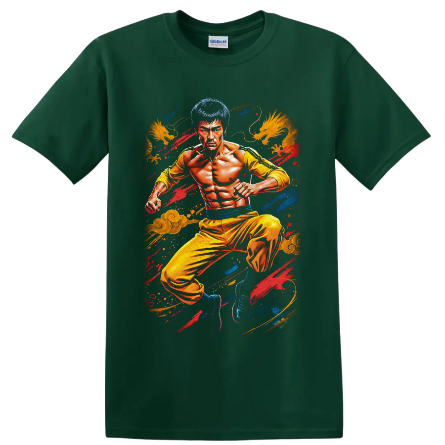 Bruce Lee Game of Death yellow jumpsuit fighter with dragons and colorful brushstrokes on a Forest Green T Shirt