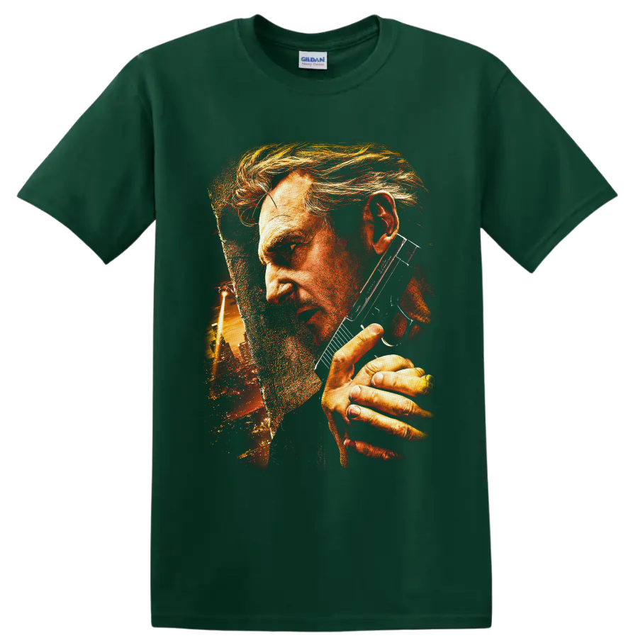 Travis Bickle gritty portrait with sunglasses and glowing urban skyline artwork on a Forest Green T Shirt