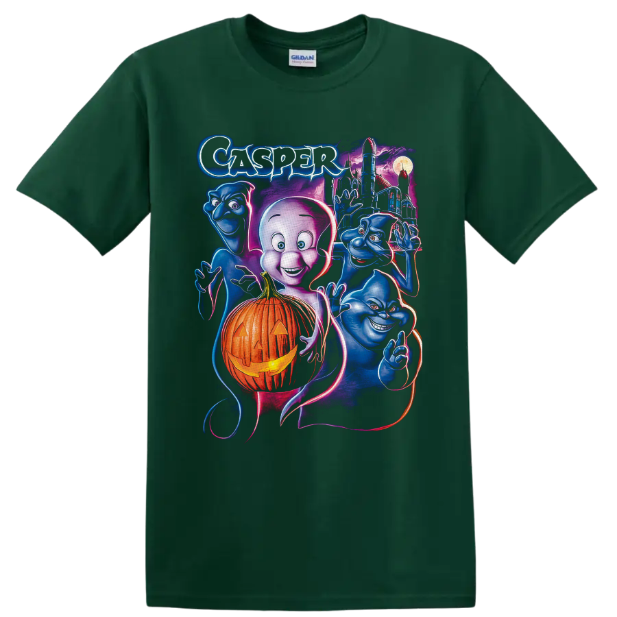 Casper the Friendly Ghost neon art with pumpkin, blue ghosts, moonlit castle, and moon on a Forest Green T Shirt