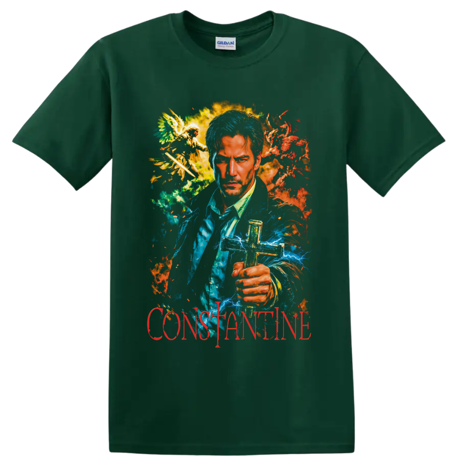 John Constantine portrait with blue lightning, flames, winged figures, and red on a Forest Green T Shirt