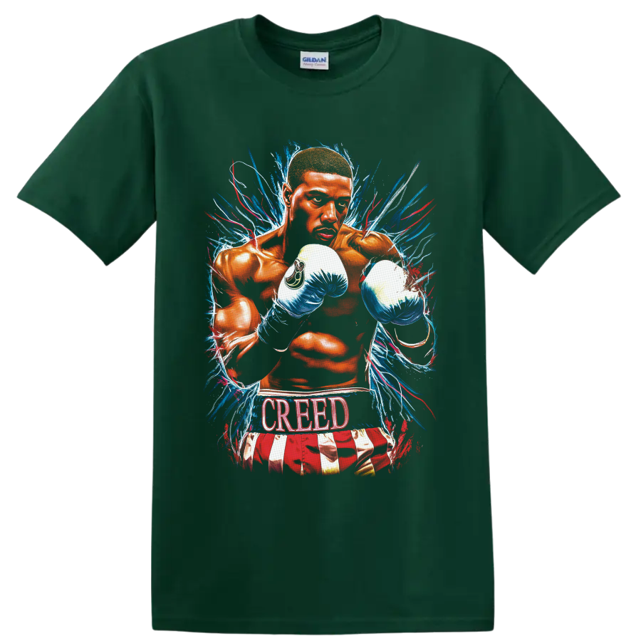 Adonis Creed boxing illustration with blue gloves, paint bursts, and CREED text on a Forest Green T Shirt