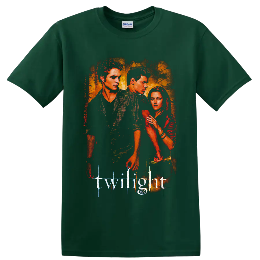 Twilight portrait graphic of Edward Cullen, Jacob Black, and Bella Swan on a Forest Green T Shirt