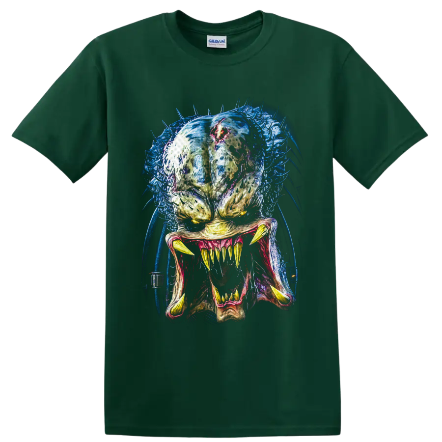 Predator alien hunter portrait with fangs, blue tendrils, and red forehead detail on a Forest Green T Shirt