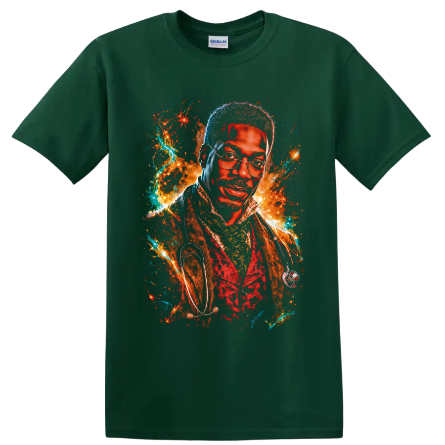 Dr. Dolittle fantasy doctor portrait with glasses, stethoscope, sparks, and teal energy on a Forest Green T Shirt