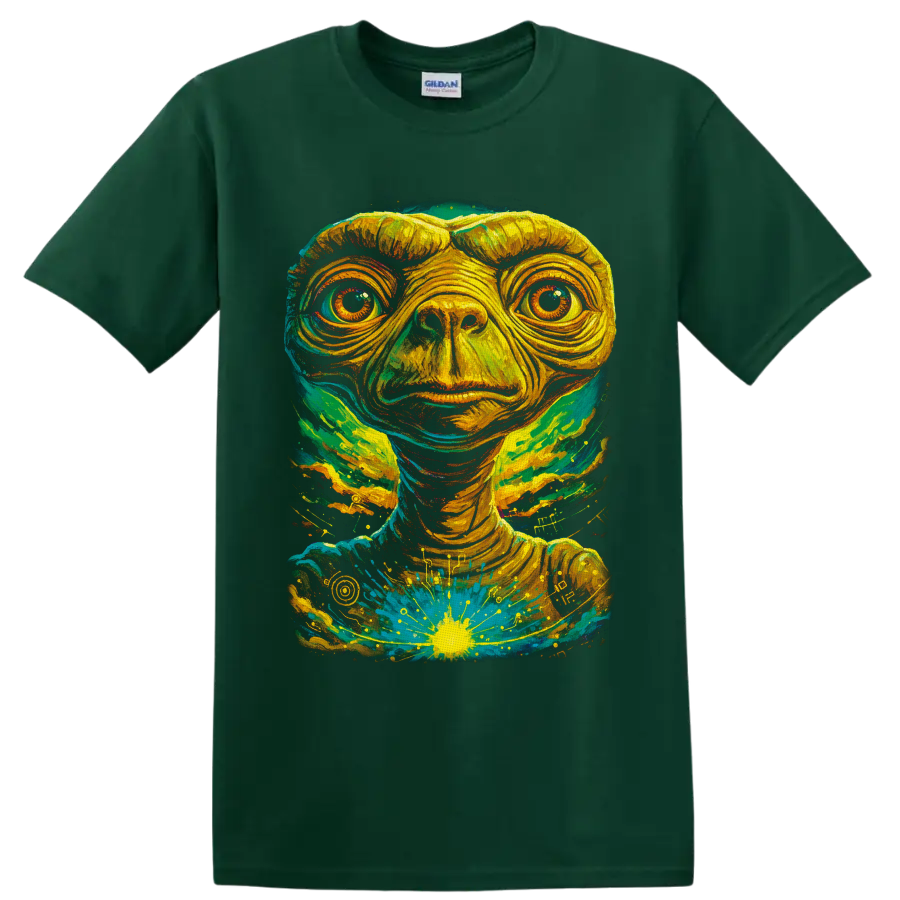 E.T. psychedelic portrait with teal, yellow, and green cosmic paint splashes on a Forest Green T Shirt
