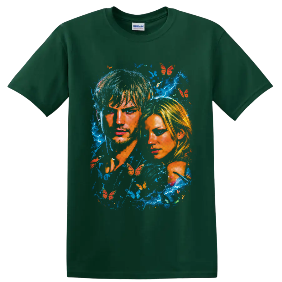 The Butterfly Effect dual portrait with blue lightning and orange butterflies on a Forest Green T Shirt