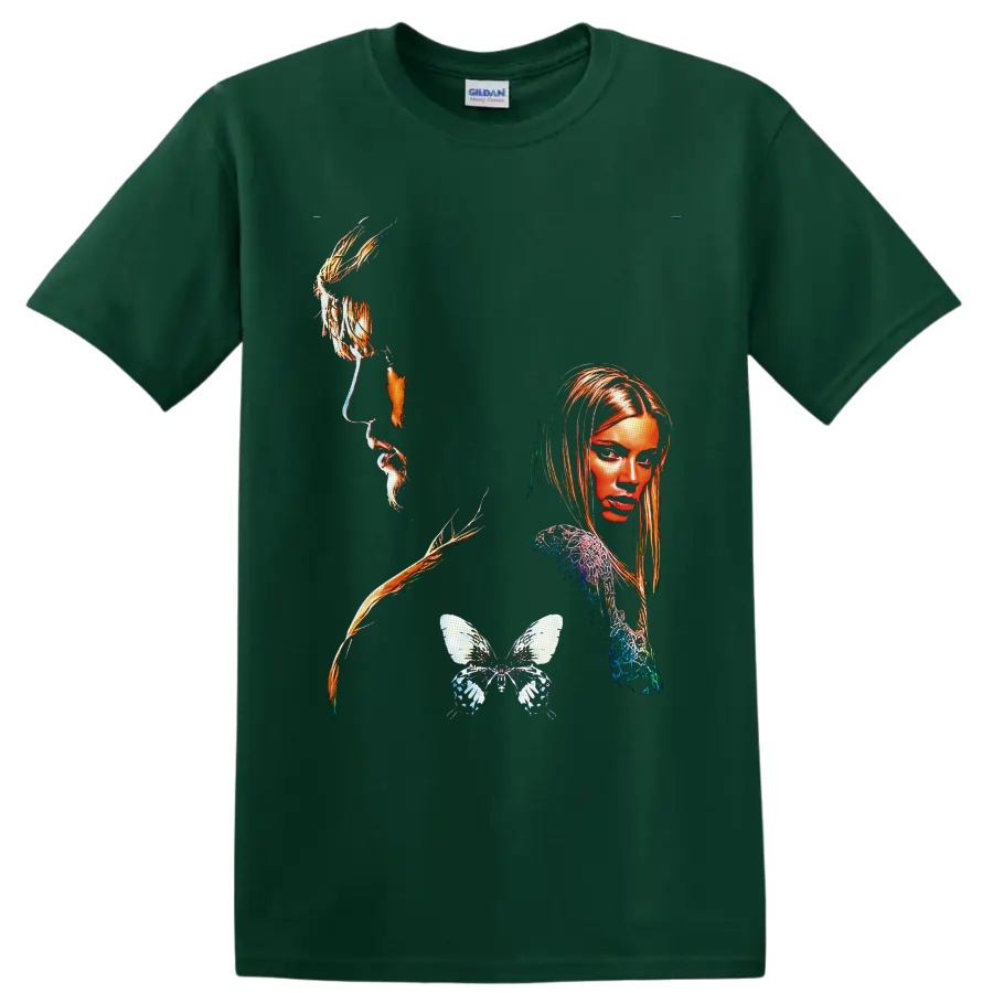 The Butterfly Effect surreal woman portrait with flowing strands and detailed butterfly on a Forest Green T Shirt