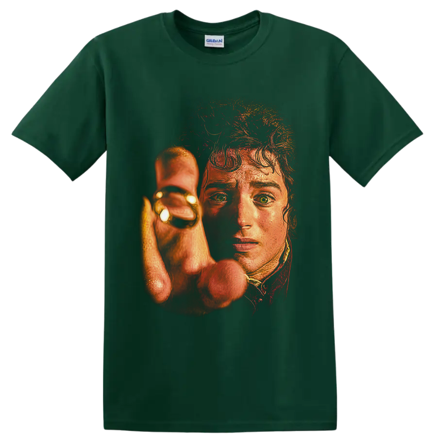 Frodo Baggins holding the One Ring in fiery painterly fantasy portrait art on a Forest Green T Shirt