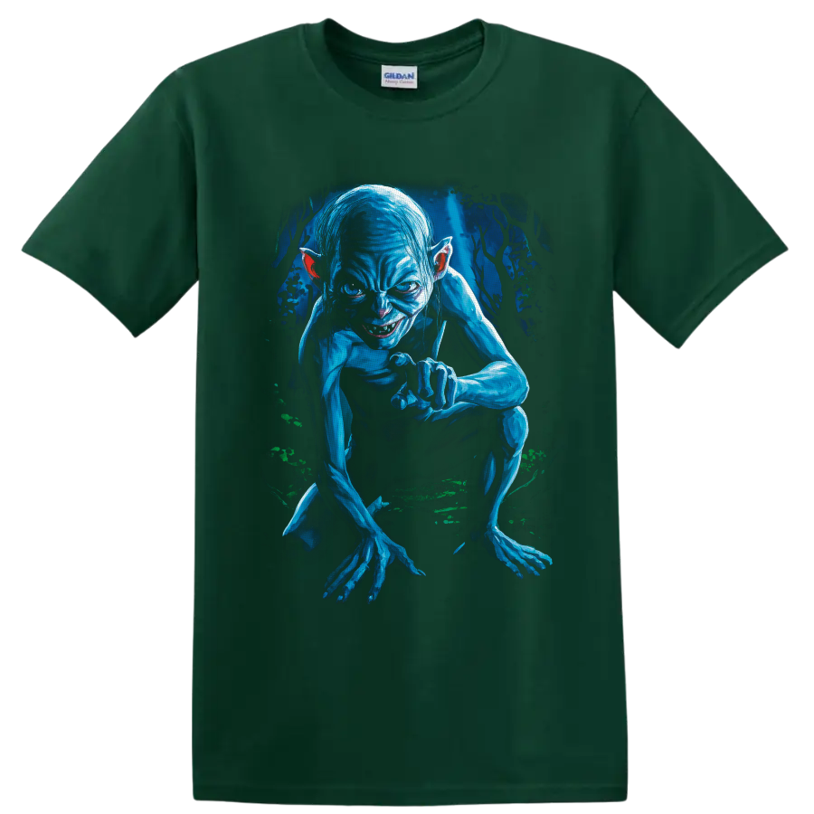 Gollum crouching in a shadowy forest, rendered in vivid blue dark fantasy art on a Forest Green T Shirt