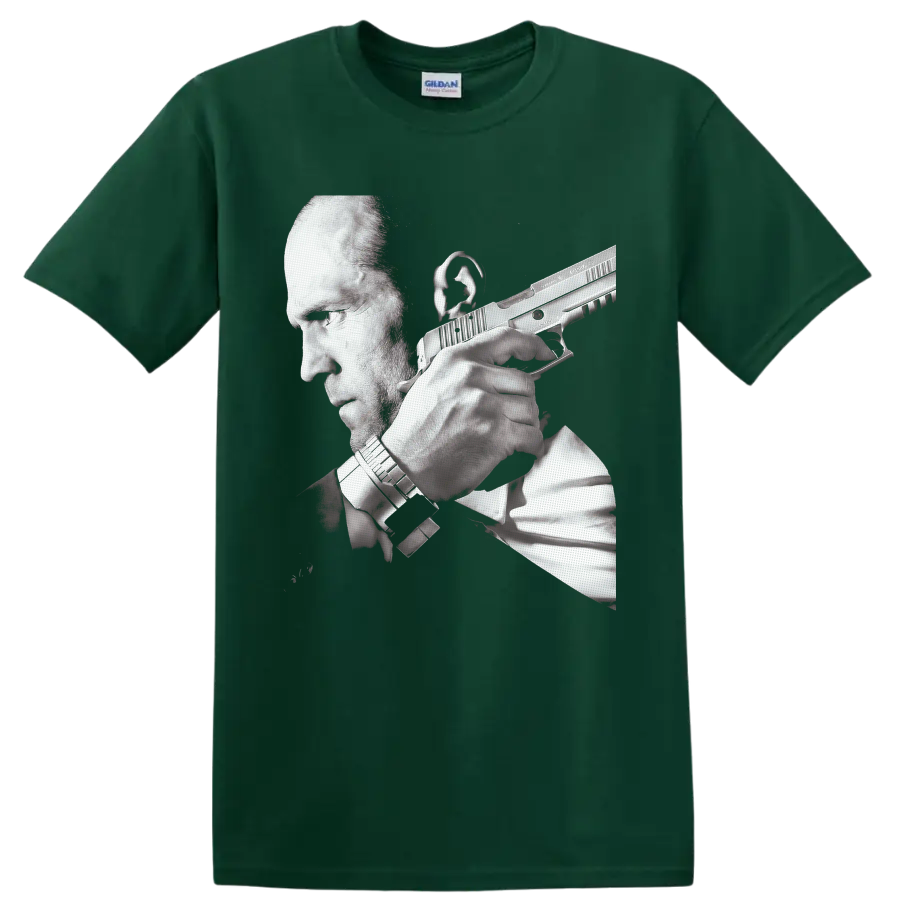 Jason Statham as Frank Martin in Transporter 3 grayscale action portrait on a Forest Green T Shirt