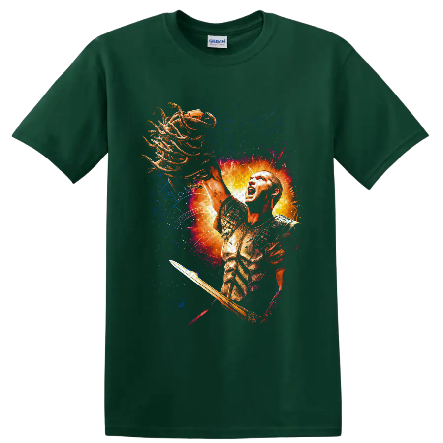 Perseus holding Medusa's serpent-haired head in fiery Greek mythology fantasy art on a Forest Green T Shirt