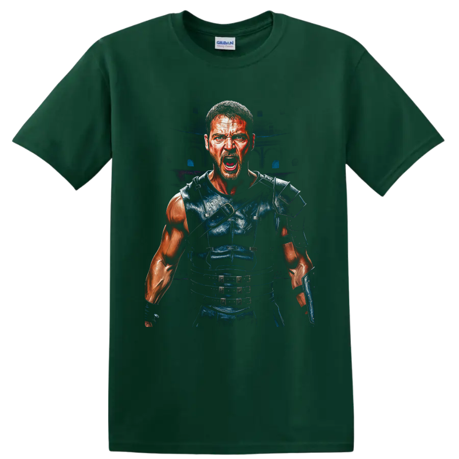 Maximus Decimus Meridius roaring in Roman armor with a shadowy arena backdrop on a Forest Green T Shirt