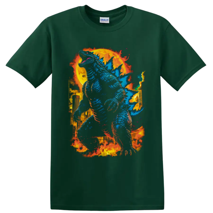 Godzilla blue kaiju towering over a burning city beneath a blazing moon on a Forest Green T Shirt