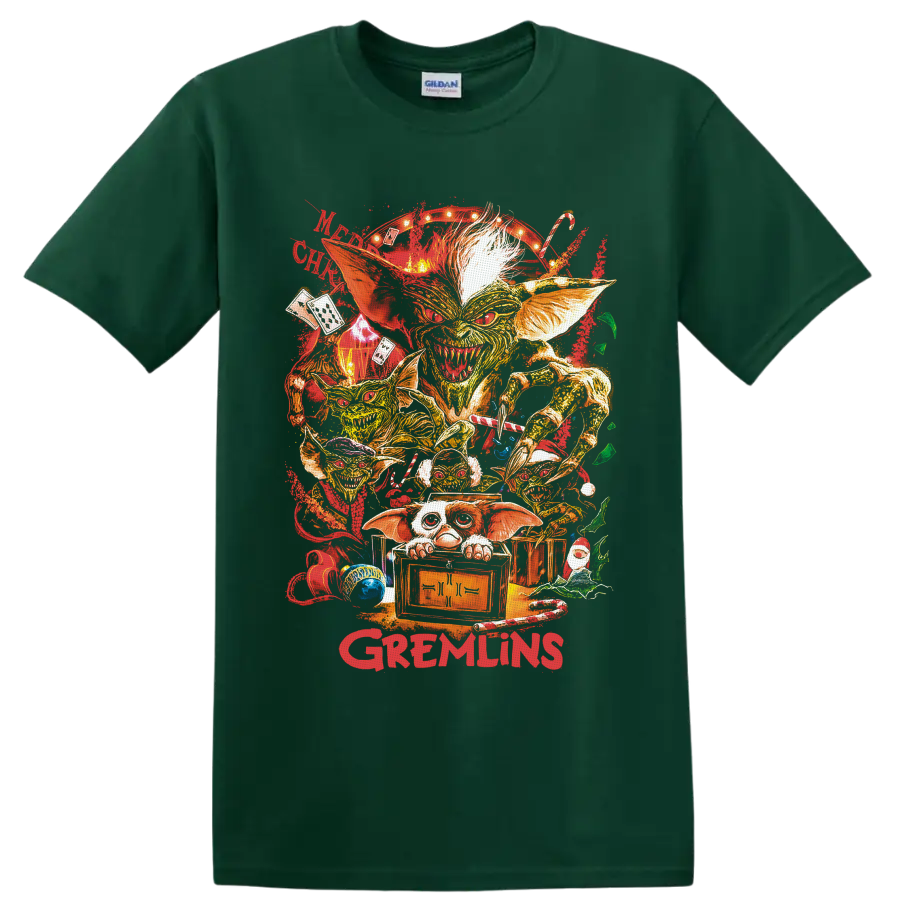 Gizmo Gremlins Christmas collage with Mogwai, creatures, candy canes, and crate on a Forest Green T Shirt