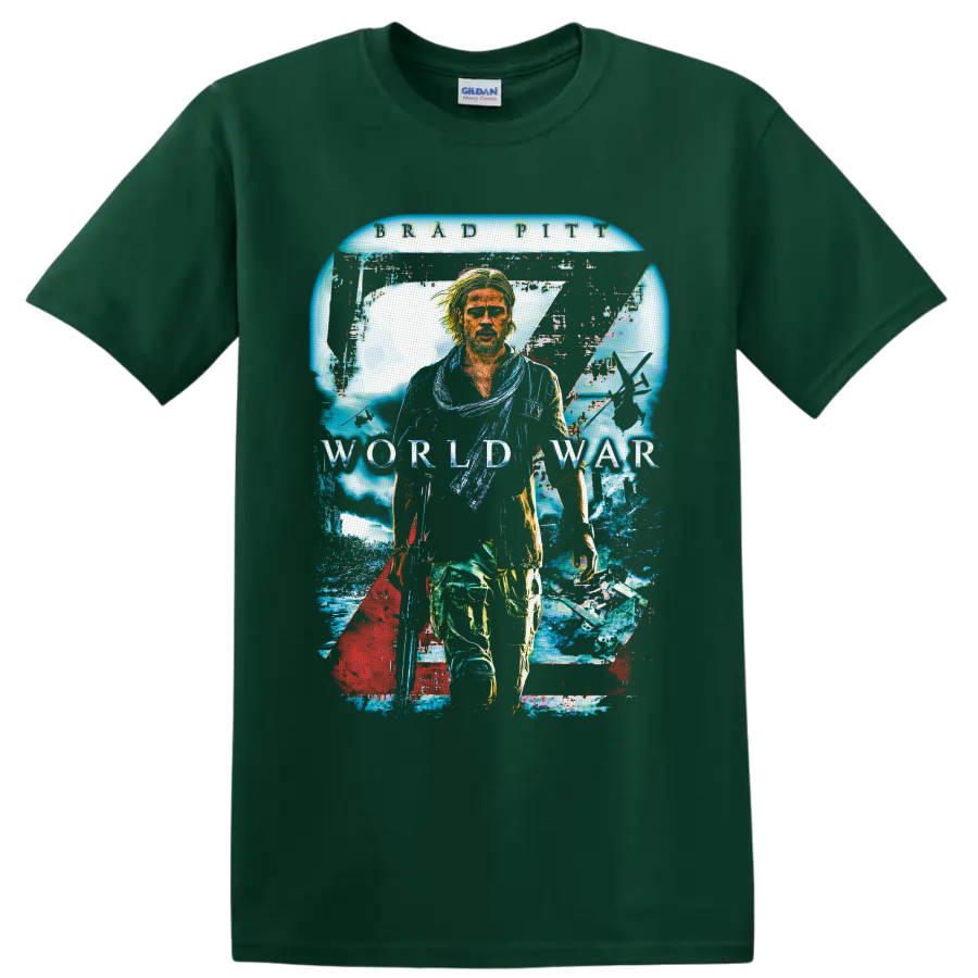 Jerry Lane World War Z distressed collage with aircraft, infected crowd, and movie text on a Forest Green T Shirt