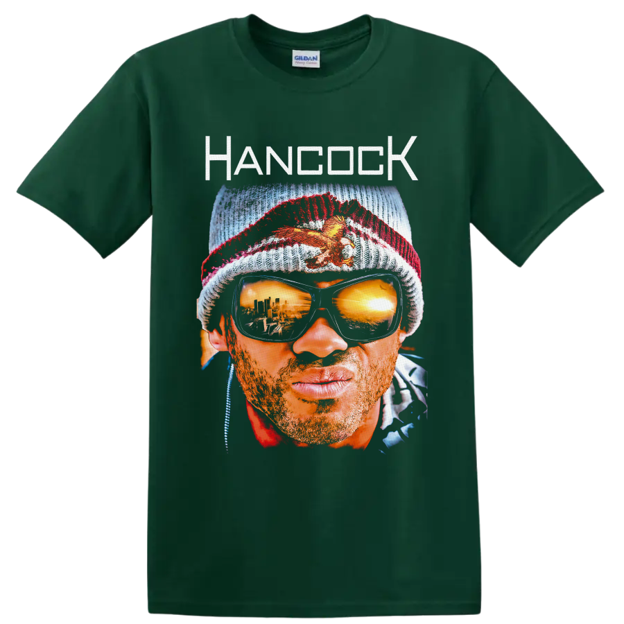 John Hancock Hancock portrait with knit cap, mirrored sunglasses, and city reflections on a Forest Green T Shirt