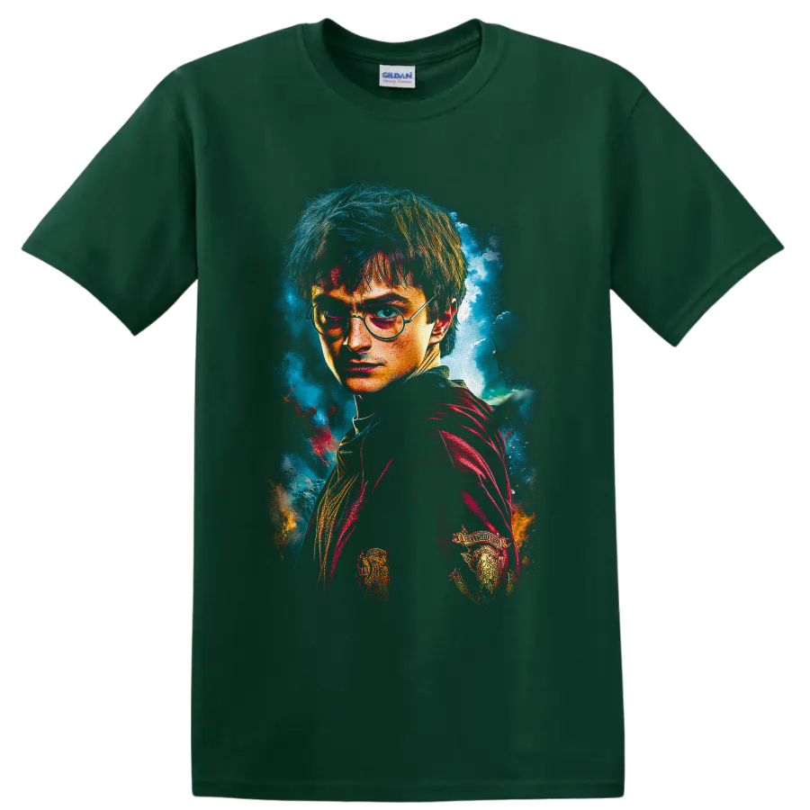 Harry Potter wizard portrait in vivid textured fantasy art with round glasses on a Forest Green T Shirt