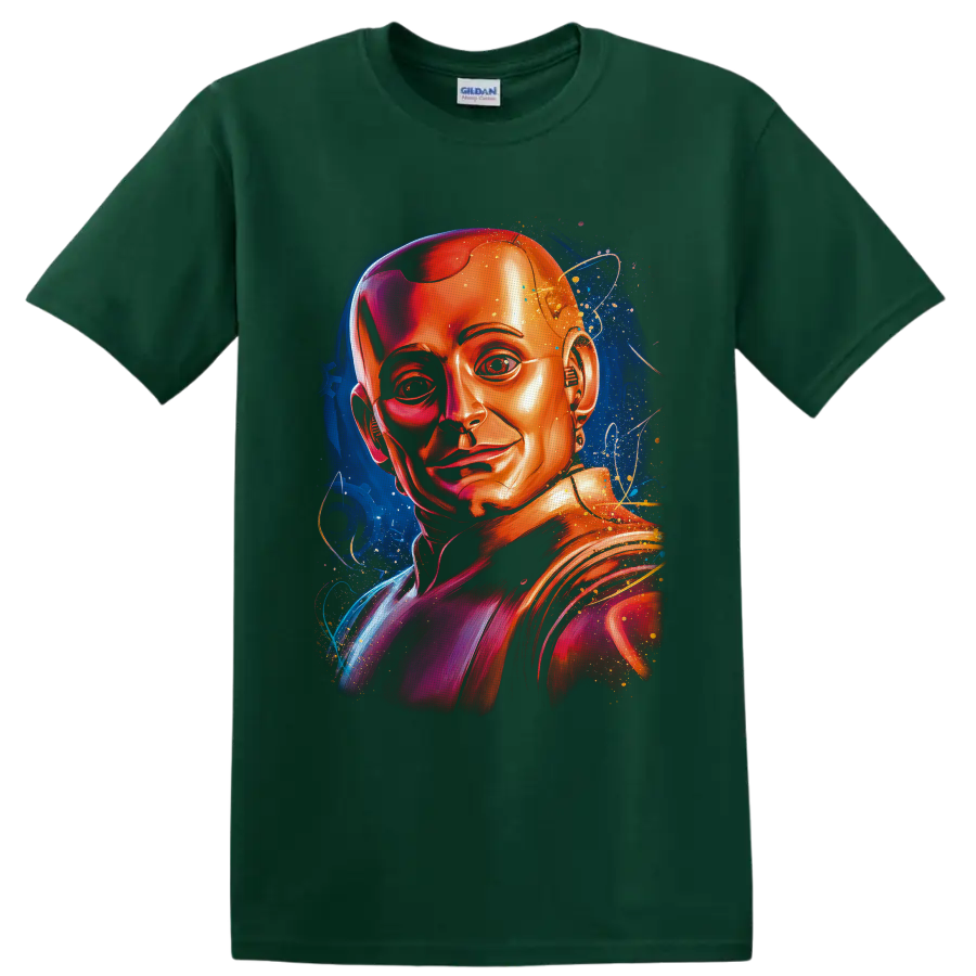 Cyborg portrait in vivid metallic tones with cosmic stars and orbital line art on a Forest Green T Shirt