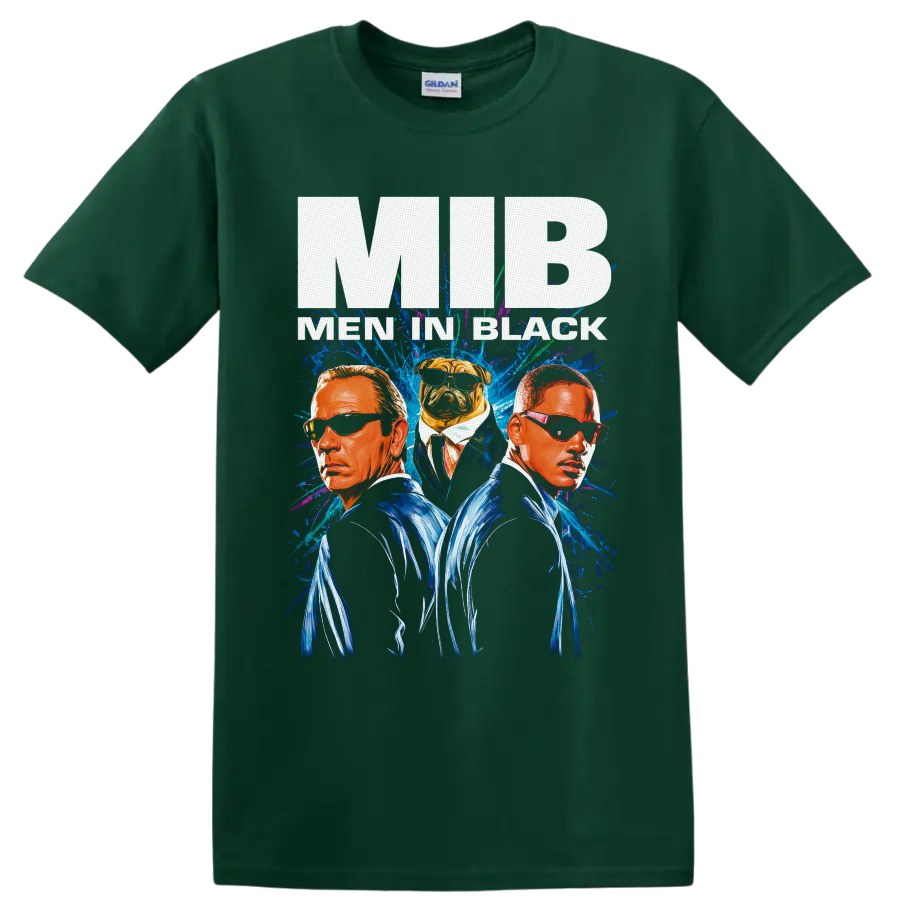 Agent J, Agent K and Frank the Pug in neon Men in Black II poster art on a Forest Green T Shirt