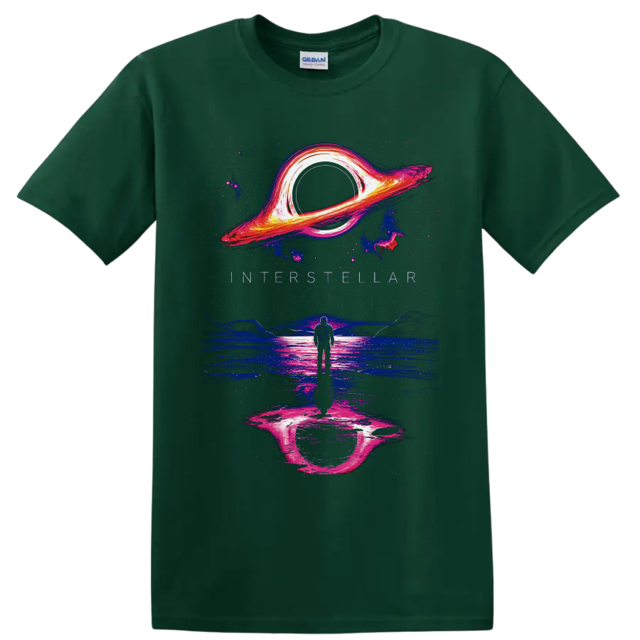 Neon Interstellar astronaut beneath a glowing black hole over reflective alien water on a Forest Green T Shirt