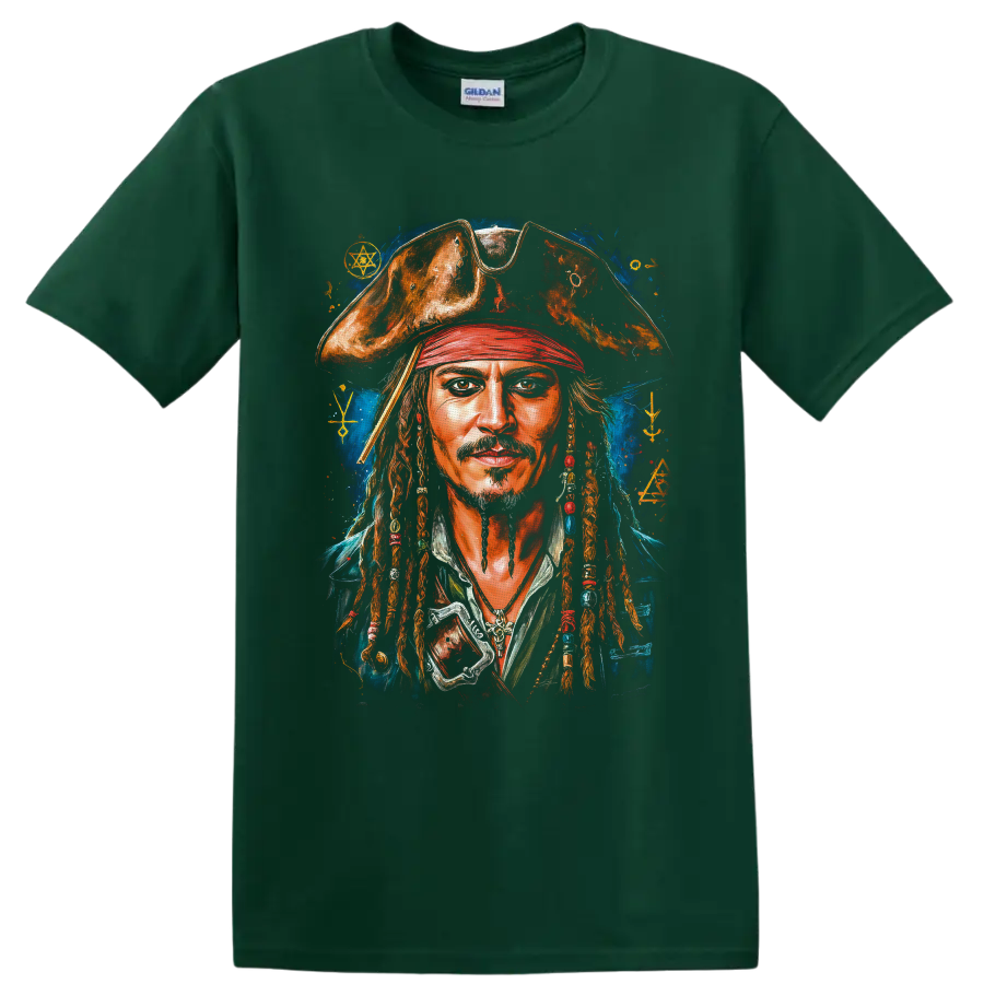 Captain Jack Sparrow painterly pirate portrait with tricorn hat and mystical blue backdrop on a Forest Green T Shirt