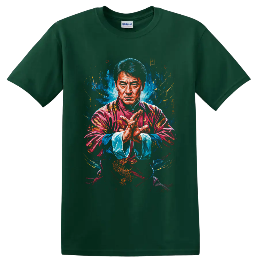 Jackie Chan as Mr. Han in a vivid painterly martial arts portrait on a Forest Green T Shirt