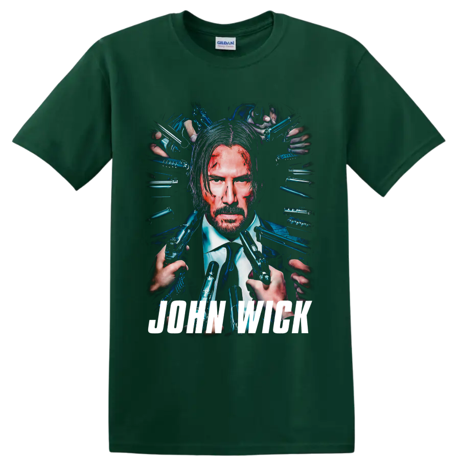 John Wick neon portrait with surrounding pistols and bold white title lettering on a Forest Green T Shirt