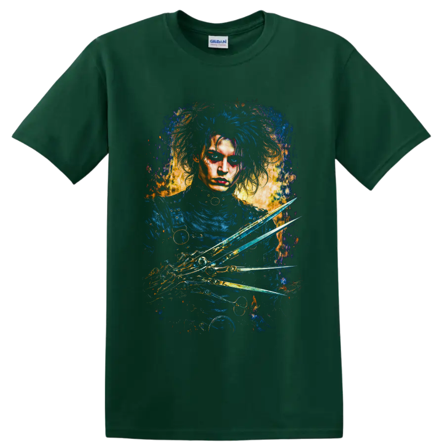 Edward Scissorhands gothic portrait with blue hair, scissor hands, and gold splatter art on a Forest Green T Shirt