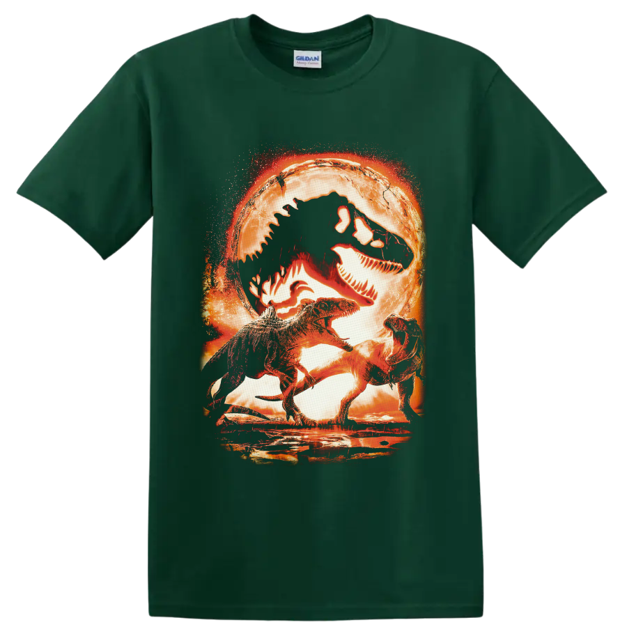 Jurassic World T Rex dinosaurs beneath a fiery fossil skull in distressed cinematic art on a Forest Green T Shirt
