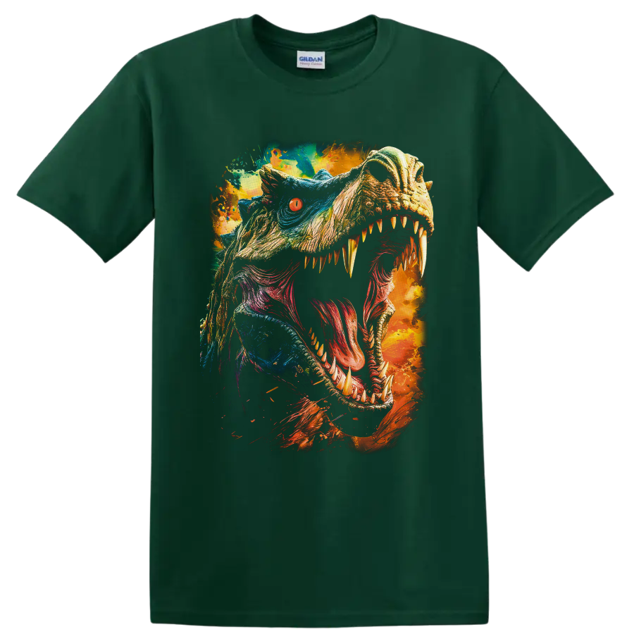 Jurassic World Tyrannosaurus rex roaring color-splash dinosaur art on a Forest Green T Shirt