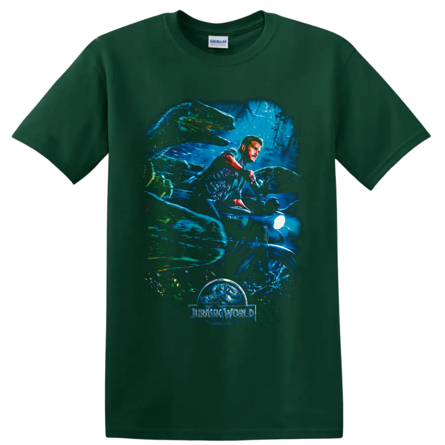 Owen Grady on motorcycle with dinosaurs in neon underwater Jurassic World artwork on a Forest Green T Shirt