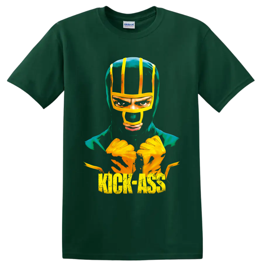 Dave Lizewski as Kick-Ass in a distressed comic-style masked hero graphic on a Forest Green T Shirt