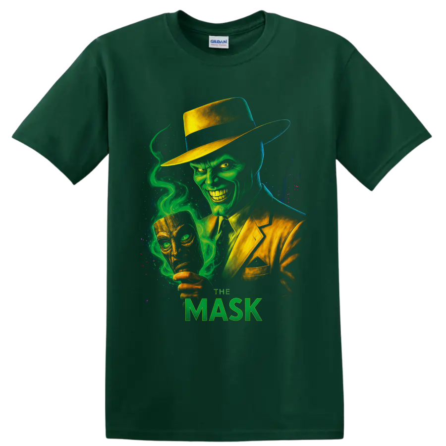 The Mask green-faced character in yellow suit with swirling smoke and golden mask on a Forest Green T Shirt
