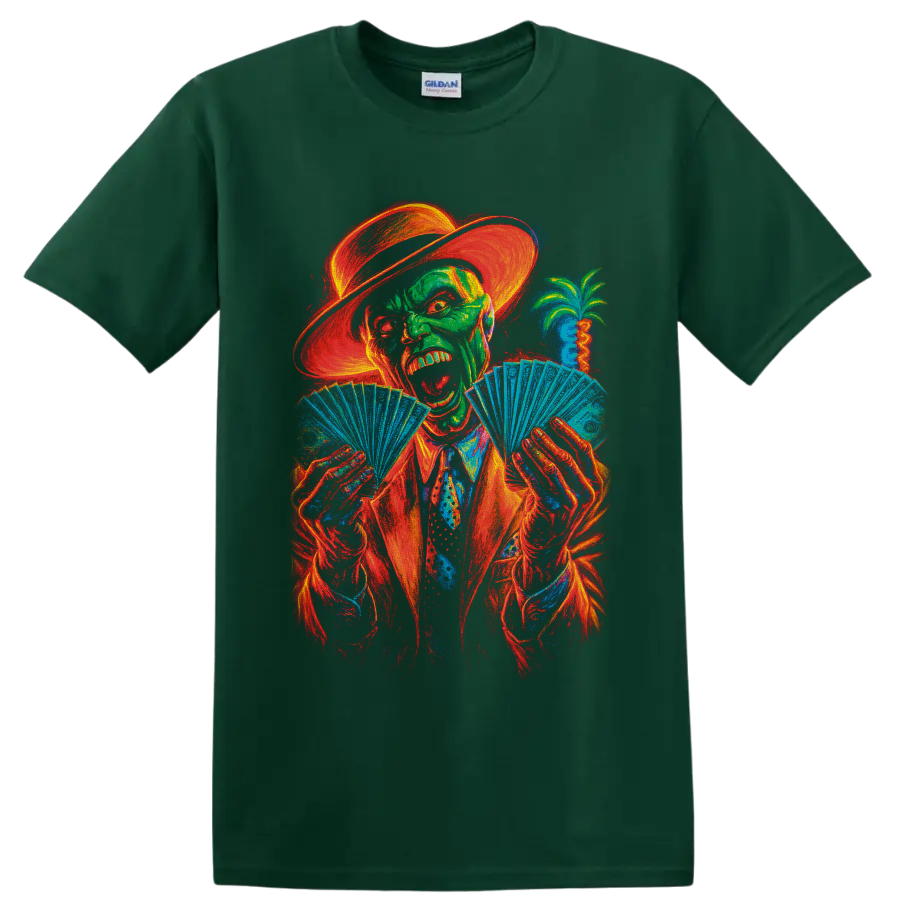 The Mask neon character in hat and suit fanning playing cards on a Forest Green T Shirt