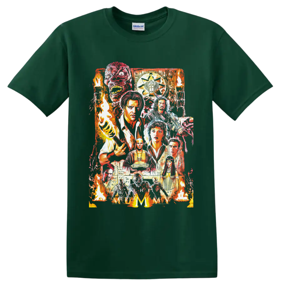 The Mummy 1999 fiery Egyptian horror collage with characters, mummy face, torches and on a Forest Green T Shirt