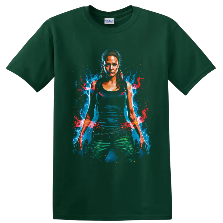 Lara Croft Tomb Raider neon digital portrait with blue energy, red sparks, and dual on a Forest Green T Shirt