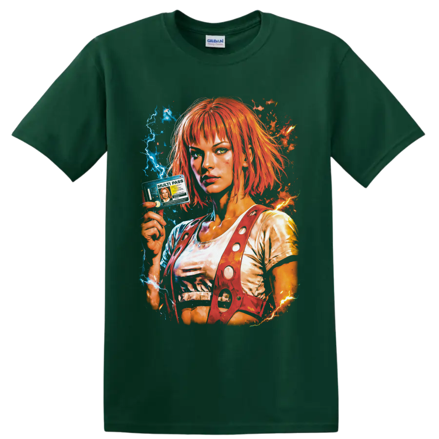 Leeloo portrait with orange hair, multipass, blue lightning, and fiery sci-fi energy on a Forest Green T Shirt