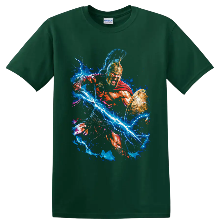 King Leonidas 300 Spartan warrior art with shield, red cape, and blue lightning on a Forest Green T Shirt