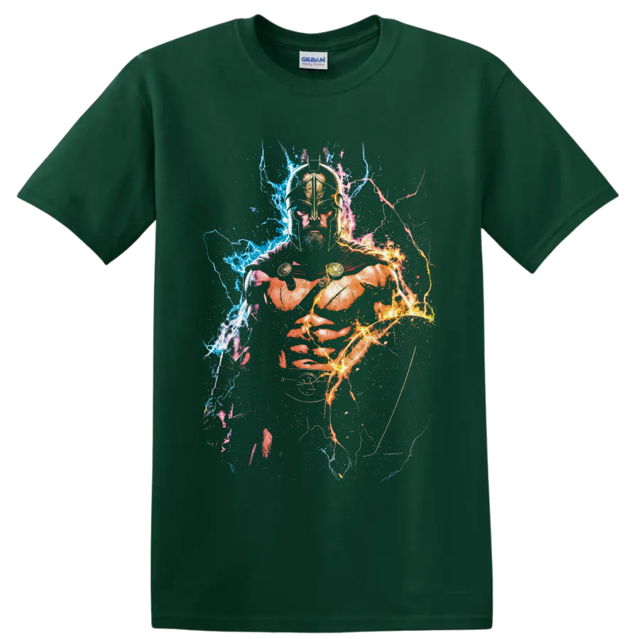 Leonidas 300 Spartan warrior with bronze helmet, red cloak, and blue-orange lightning on a Forest Green T Shirt