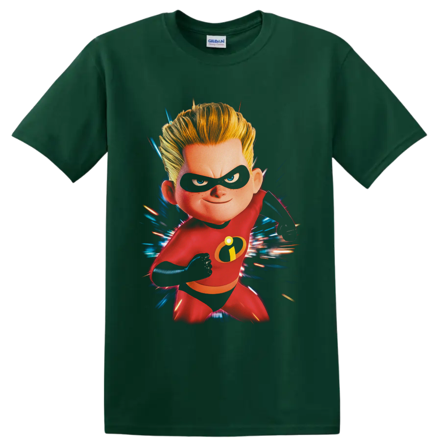 Dash Parr in red hero suit with black mask and blue red speed burst artwork on a Forest Green T Shirt