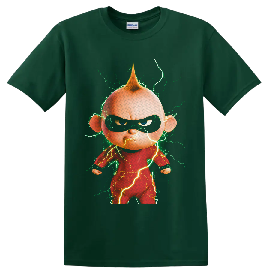 Jack-Jack Parr cartoon portrait with green and golden lightning bolts on a Forest Green T Shirt