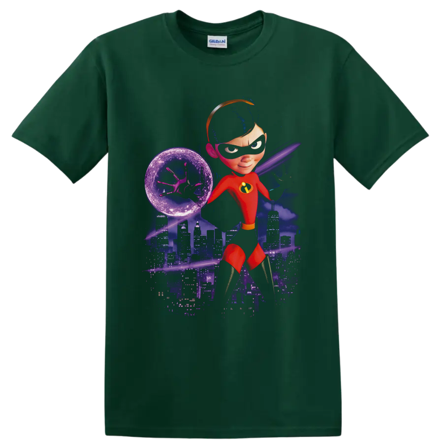 Violet Parr force-field superhero artwork with purple city skyline and cosmic background on a Forest Green T Shirt