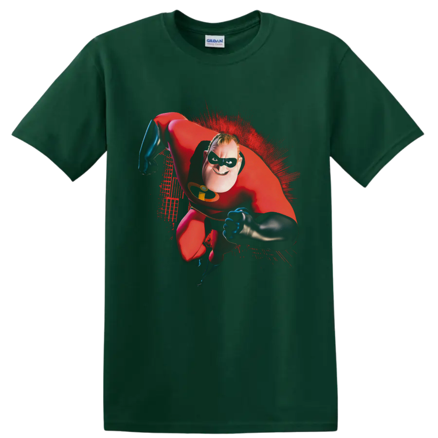 Mr. Incredible flying in red suit with black mask and red paint-splash artwork on a Forest Green T Shirt