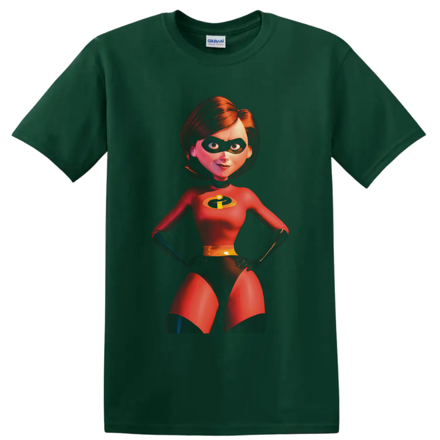 Elastigirl from The Incredibles in a vivid red superhero suit character portrait on a Forest Green T Shirt