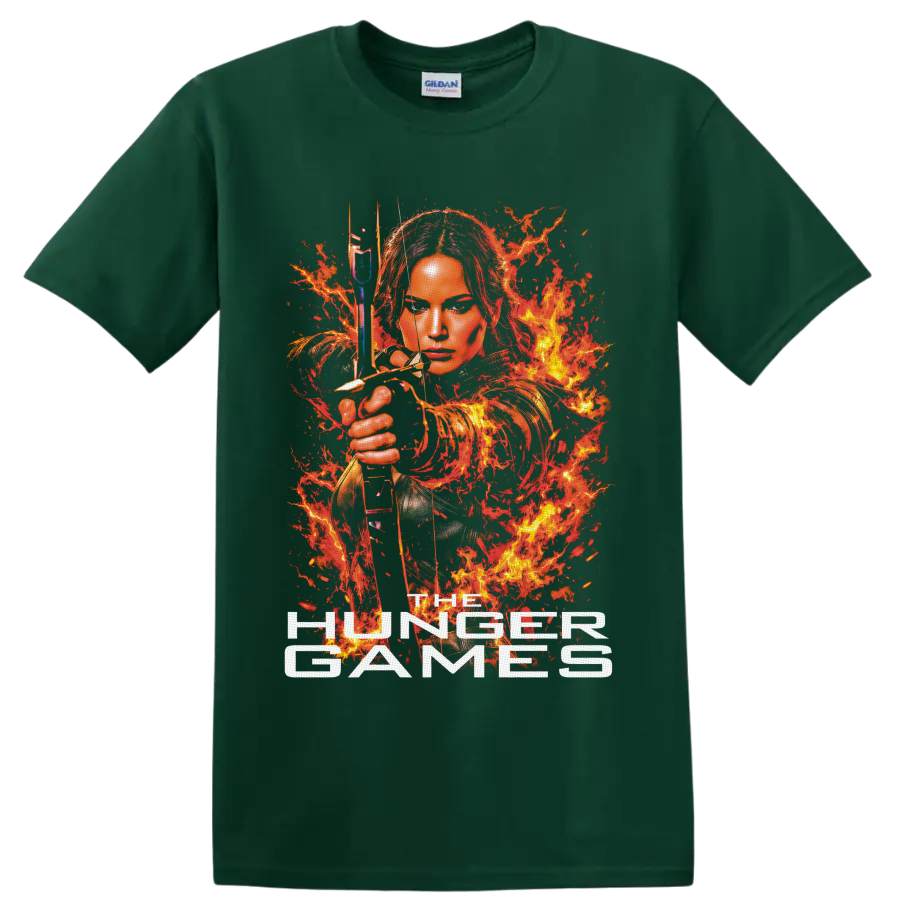 Katniss Everdeen fiery archer portrait with bow, arrow, flames, and The Hunger Games text on a Forest Green T Shirt