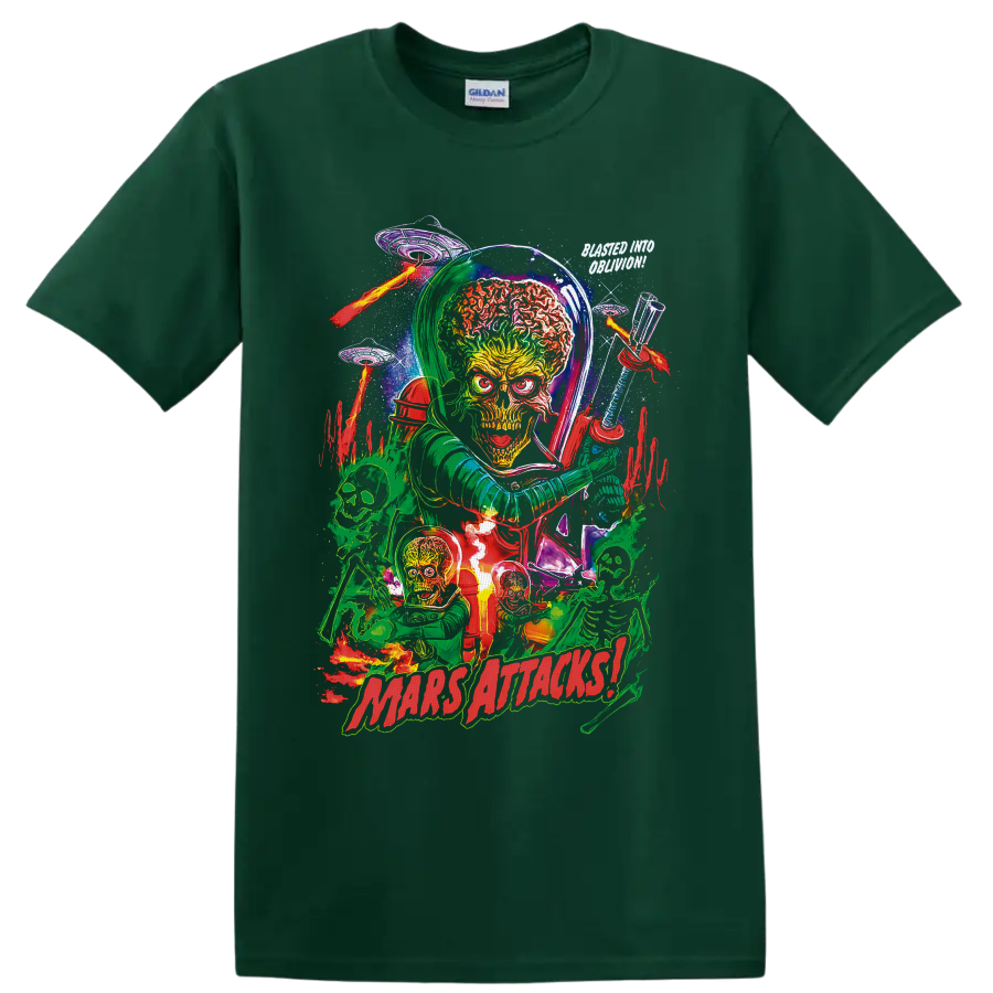 Mars Attacks Martian alien invasion art with saucers, skeletons, ray guns and flames on a Forest Green T Shirt