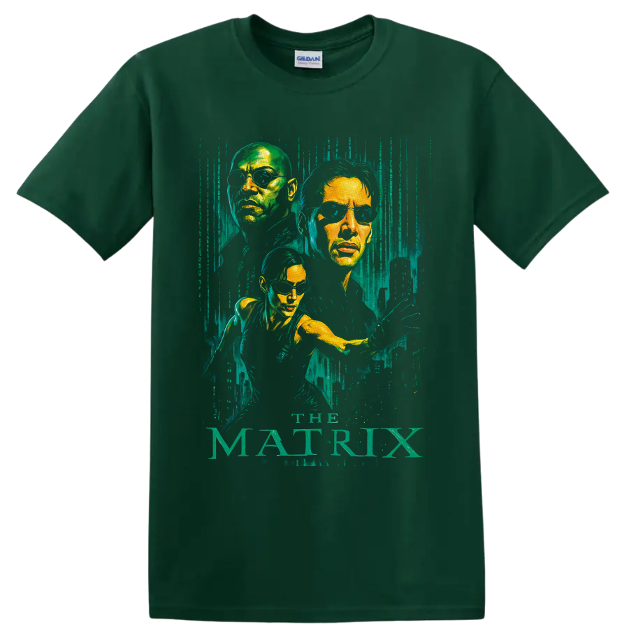 Neo, Morpheus and Trinity portraits with distressed green code and The Matrix text on a Forest Green T Shirt