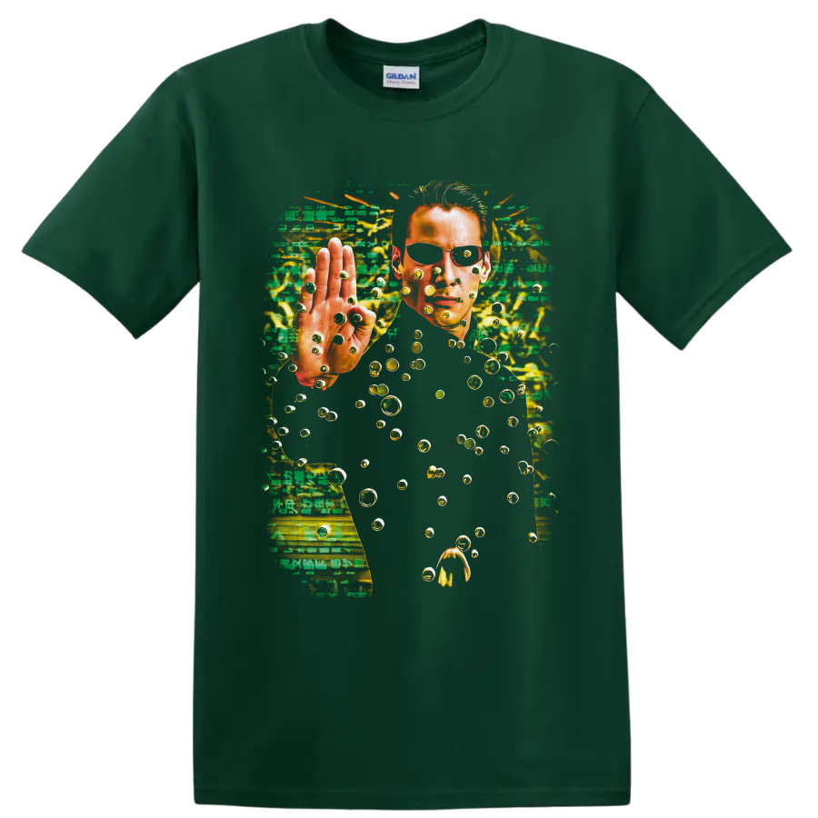 Neo from The Matrix with green code, floating bullets, and cyberpunk bullet-time art on a Forest Green T Shirt