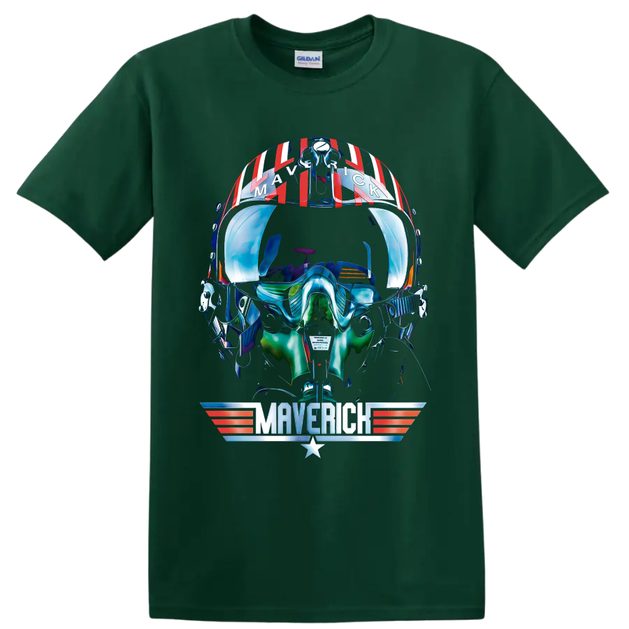 Pete Maverick Mitchell helmet graphic with winged Maverick emblem and retro aviation on a Forest Green T Shirt